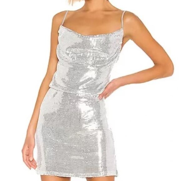 NWT Kendall + Kylie Metallic Silver Backless Sequin Mini Size 8/10 - Picture 1 of 7